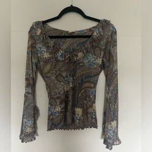 blue/brown flowy ruffle sleeve y2k long sleeve, semi-sheer